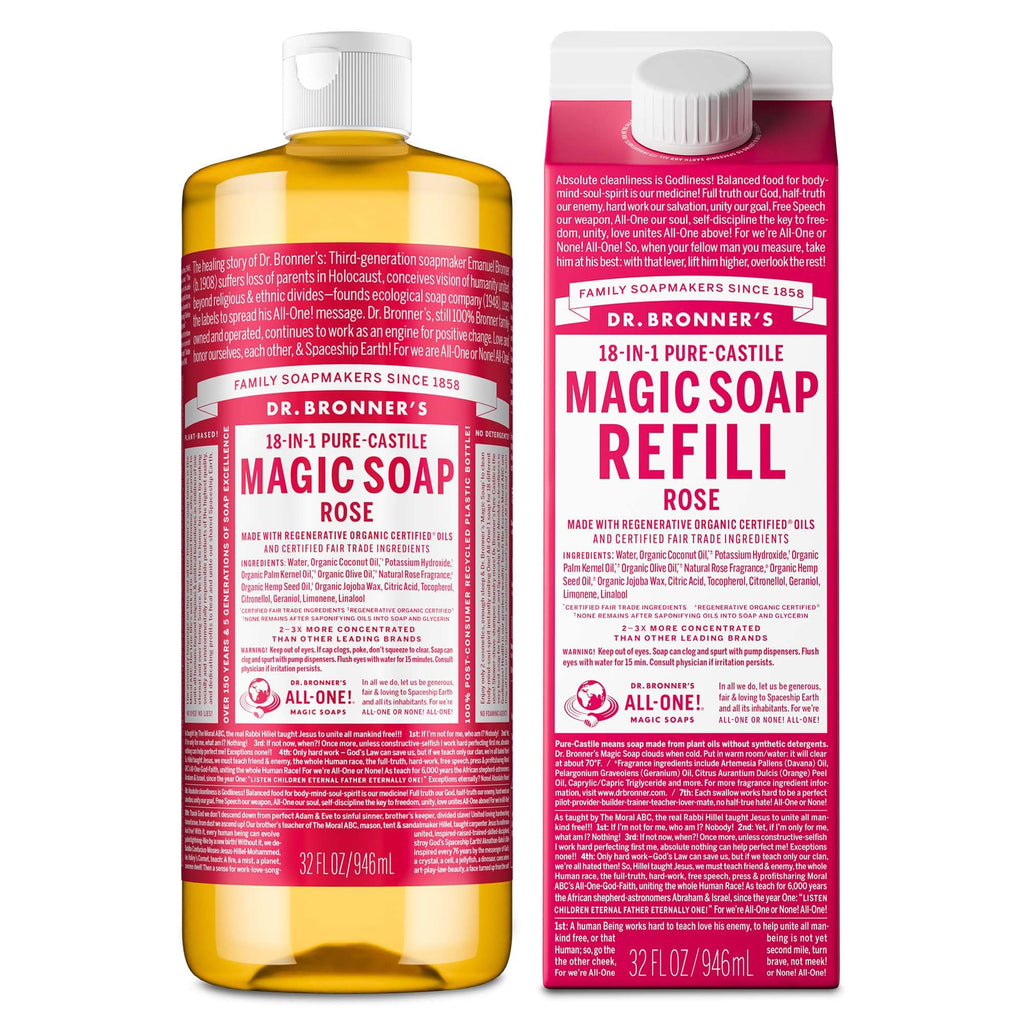 Dr. Bronner's Pure-Castile Magic Soap Liquid- Made with Regenerative Organic Certified Oils- For Body, Face, Hair, Dishes, Laundry, Vegan Bath Soaps for Men & Women, Non-GMO - Rose, 32oz + Refill