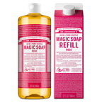 Dr. Bronner's Pure-Castile Magic Soap Liquid- Made with Regenerative Organic Certified Oils- For Body, Face, Hair, Dishes, Laundry, Vegan Bath Soaps for Men & Women, Non-GMO - Rose, 32oz + Refill