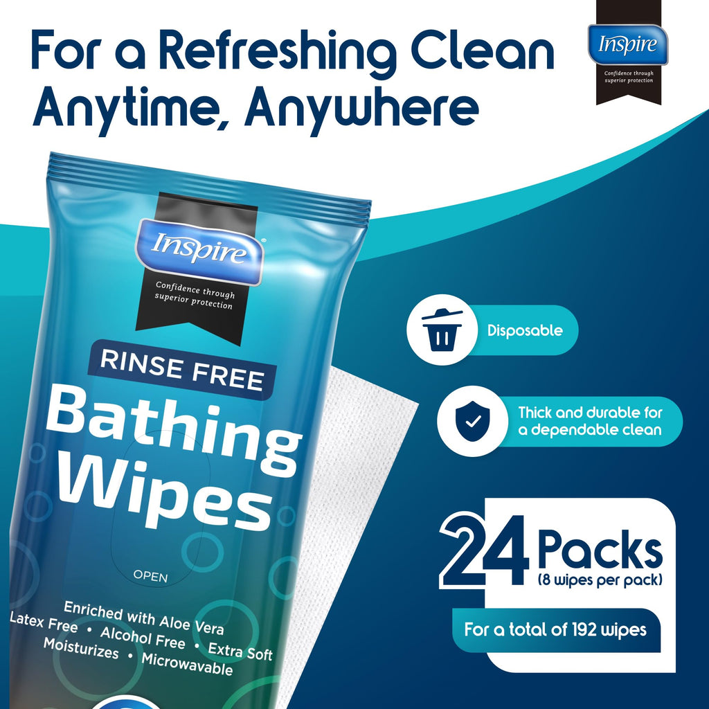 Body Wipes for adults bathing Rinse Free | Adult Wash Cloths Extra Large, Bathing Wipes for Incontinence, 8"x 8" In (192 count Bulk Pack) | By Inspire
