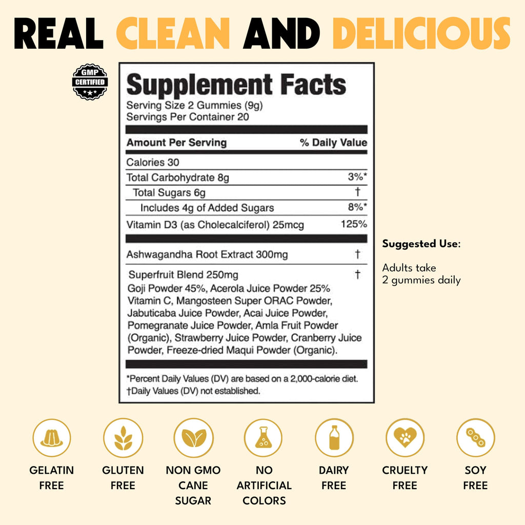 JUGO Focus + SUPERFOODS Ashwagandha Gummies with Vitamin D3 & Superfruit Blend, Vegetarian-Friendly Focus Supplement with Adaptogens, Gelatin-Free and Gluten-Free, Non-GMO, Made in USA, 40 Coun