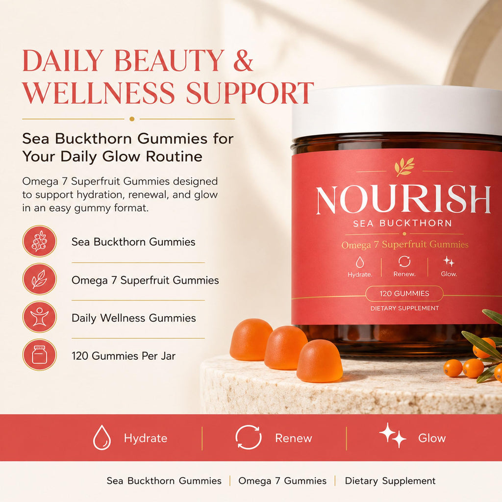 Nourish Sea Buckthorn Gummies, Gummies Sea Buckthorn Supplement with Omega 7 Superfruit Blend, Supports Skin Hydration & Radiant Glow, 120 Count, Orange