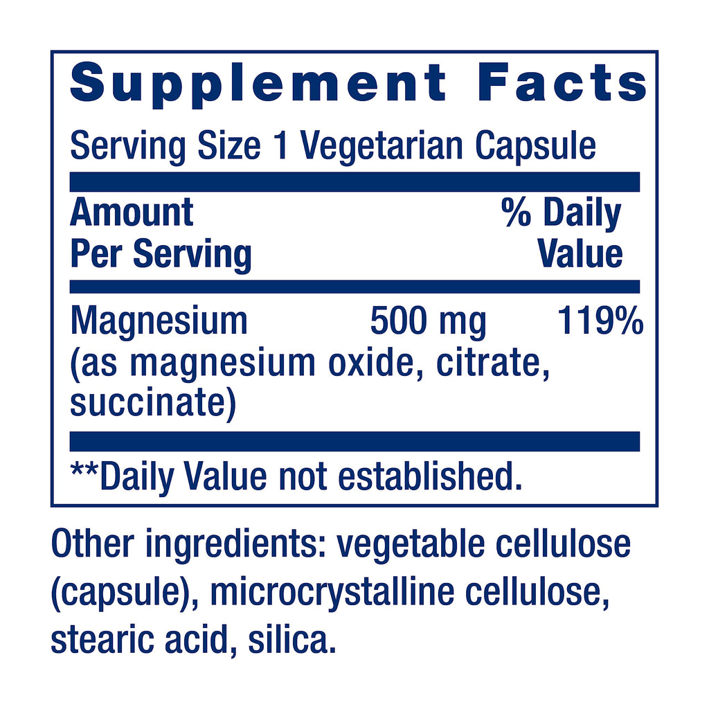 Life Extension Magnesium Caps, 500 mg, Magnesium Succinate, Heart Health, Healthy Bones, Metabolism Support - Pack of Two - 2 x 100 Vegetarian Capsules