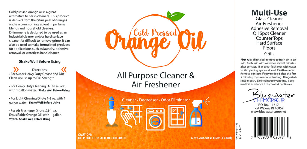 Bluewater Chemgroup Premium Cold Pressed Orange Oil Concentrate- 16 oz (with D-Limonene), Concentrated Cold Pressed Orange Oil Cleaner - All-Purpose Citrus Cleaner and Degreaser Blend