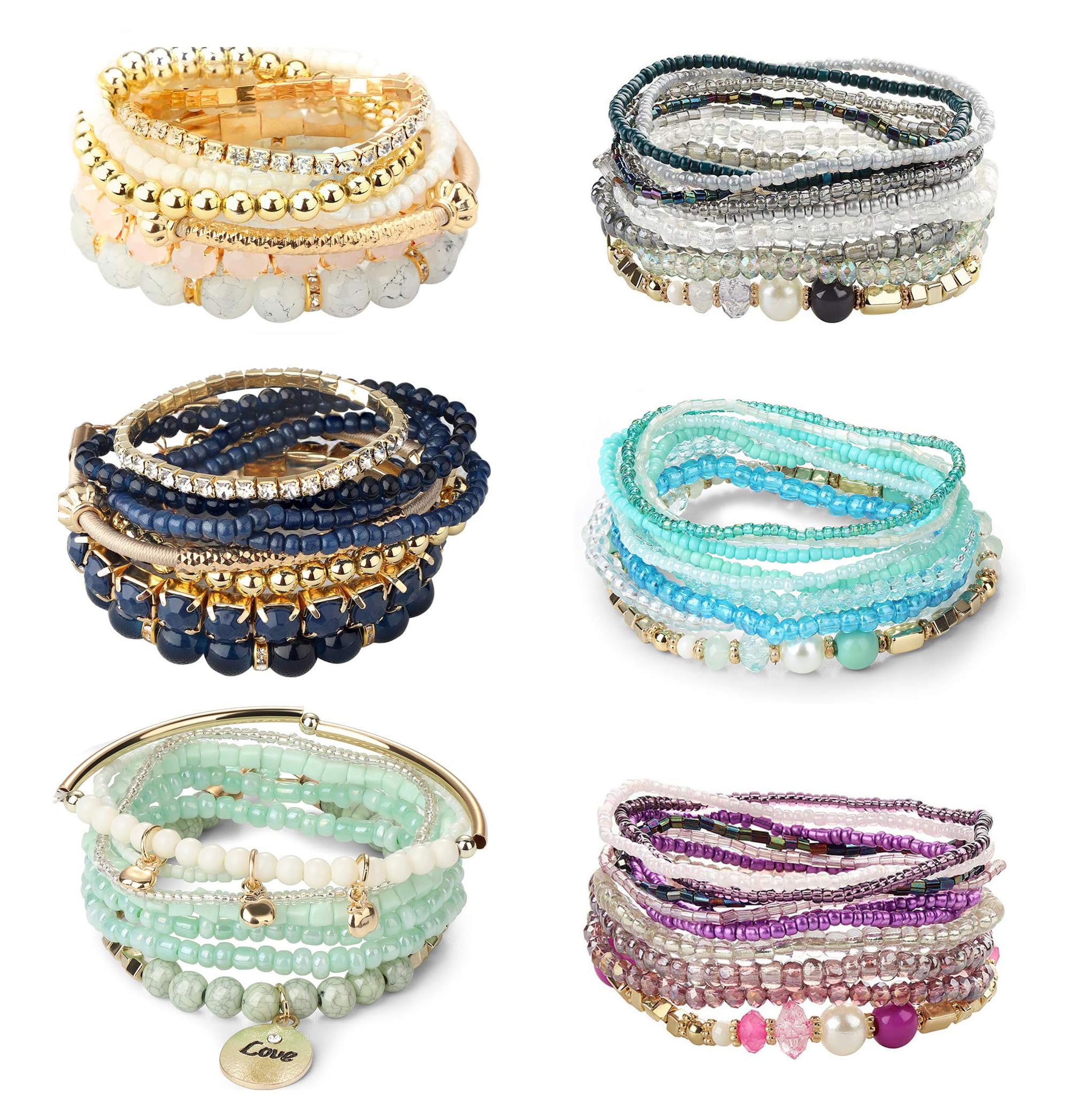 LOYALLOOK 6 Sets Bohemian Stackable Bead Bracelets for Women Stretch Bohemian Style Stretch Multilayered Boho Bracelet Set