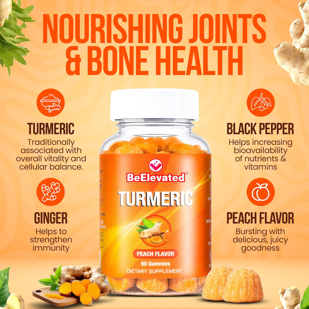 BeElevated Curcumin Turmeric Gummies – Extra Strength 2000mg Turmeric and Ginger Supplement Gummies with Black Pepper – Vegan and Non-GMO, Peach Flavor - Pack of 2