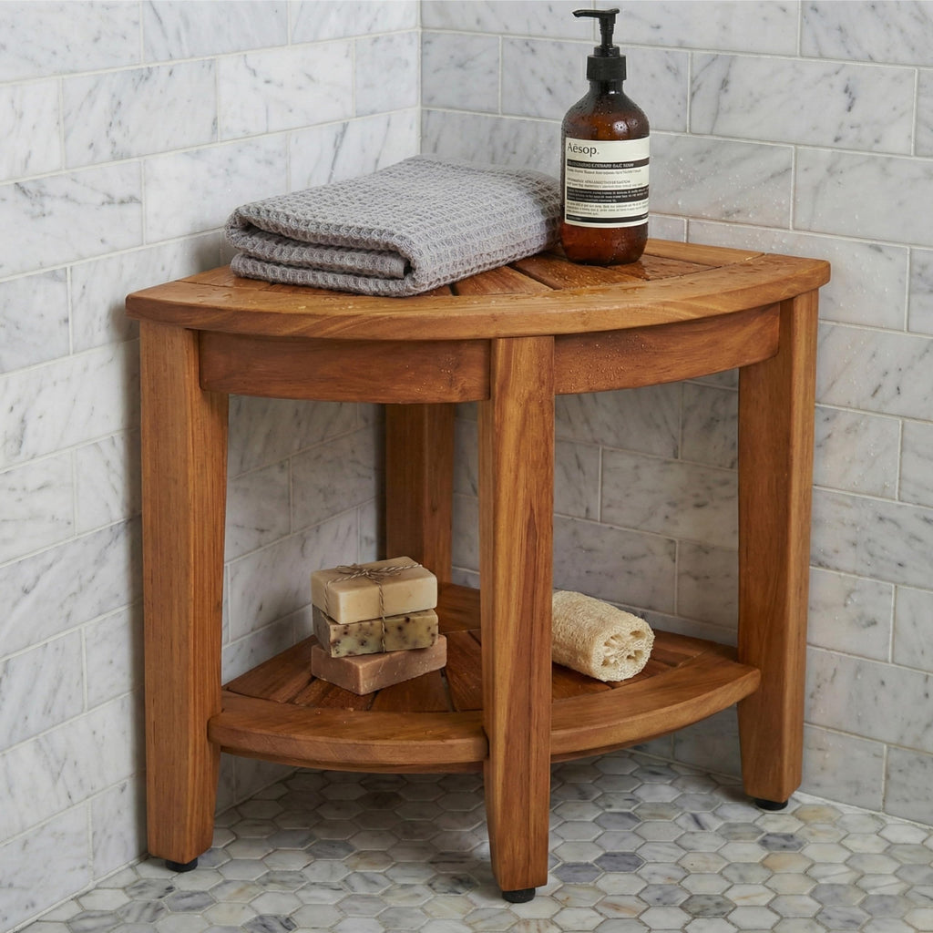 AquaTeak The Original 15.5" Kai Corner Teak Shower Bench - Shower Stool with Storage Shelf for Bathroom - Durable Water Resistant Shower Chair - Shaving Foot Rest - Indoor & Outdoor Use