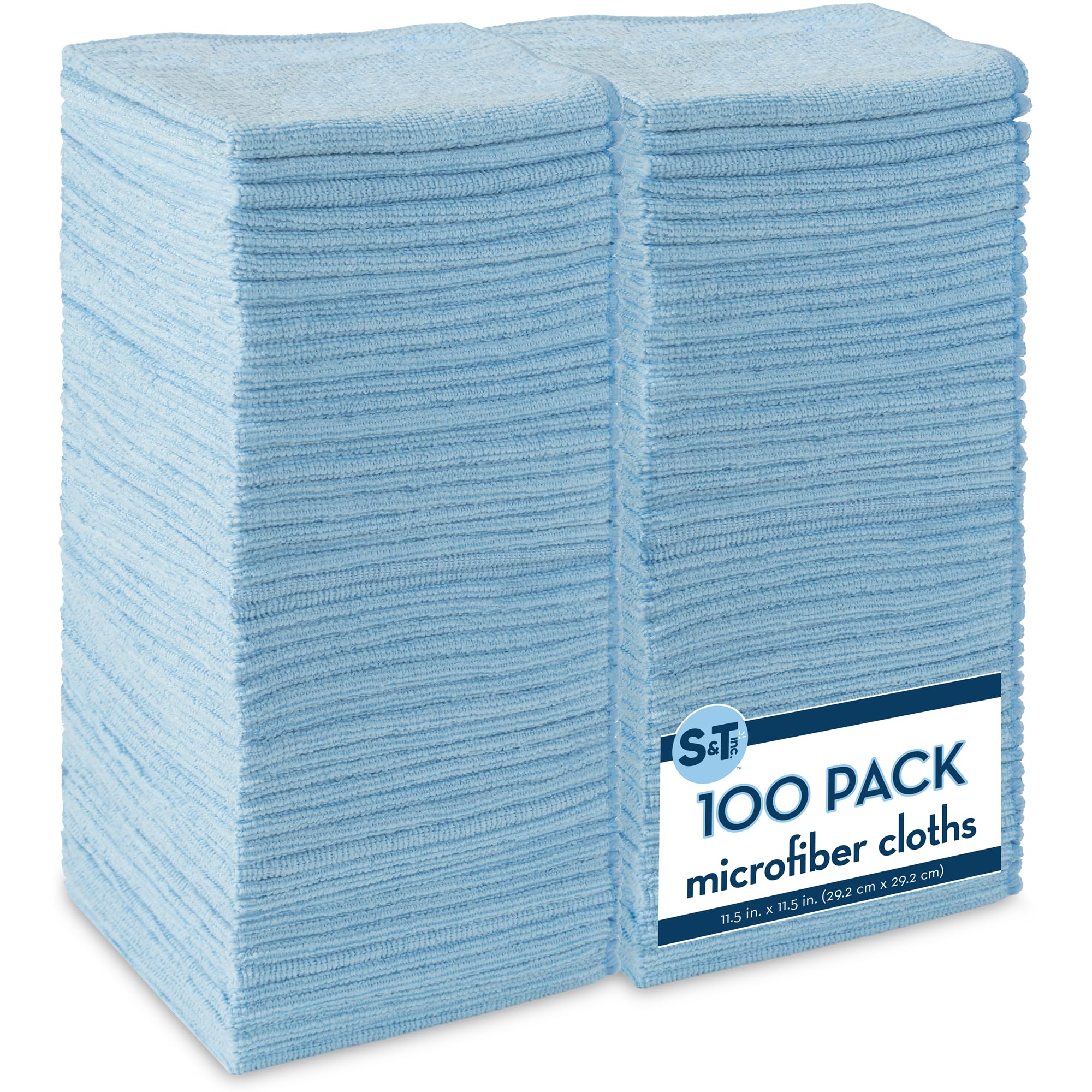 S&T INC. 100 Pack Microfiber Cleaning Cloth, Bulk Towels for Home, Reusable Microfiber Towels for Cars, Cleaning Rags, Light Blue, 11.5 Inches x 11.5 Inches, 100 Count(Pack of 6)