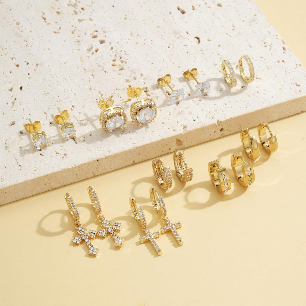 FEYIR 9 Pairs Earrings for Men Stainless Steel Small Hoop Earrings Hypoallergenic CZ Cross Dangle Earrings Cubic Zirconia Stud Earrings Huggie Men's Earrings Set