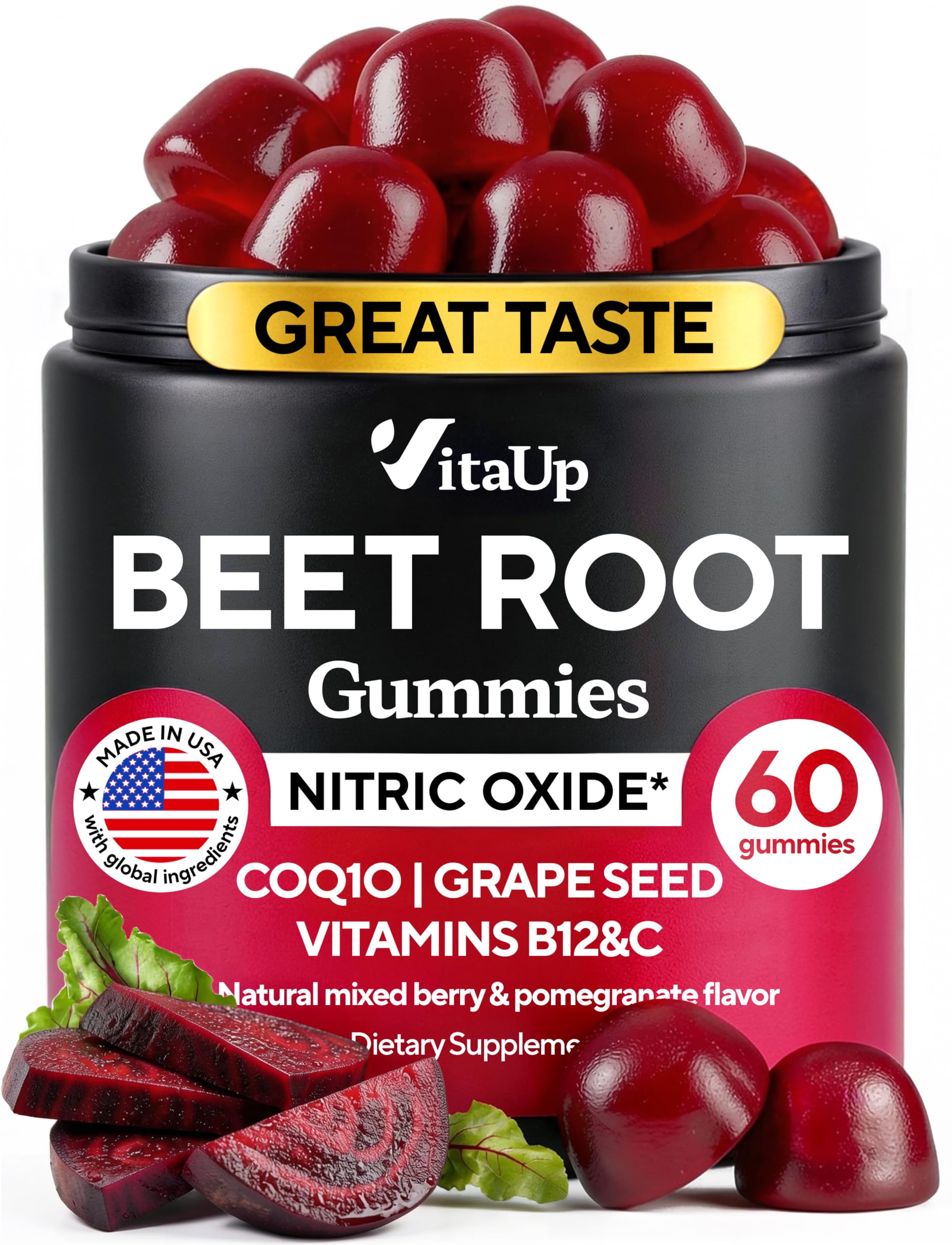 VitaUp Beet Root Gummies – Beetroot Supplement with CoQ10, Grape Seed, Vitamin C, B12 & B3 – Nitric Oxide Gummies for Circulation Support – Beet Supplement for Energy & Immune Support – 60 Beets Chews
