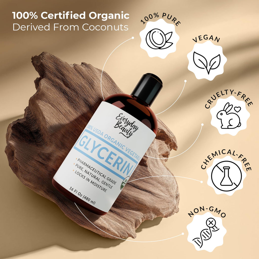 100% Organic Glycerin – USDA Certified - Perfect for DIY Beauty Products, Crafts, and Formulations – Derived From Coconut – Skin and Hair Moisturizer for Deep Hydration – 16 Fl Oz – By Everyday Beauty