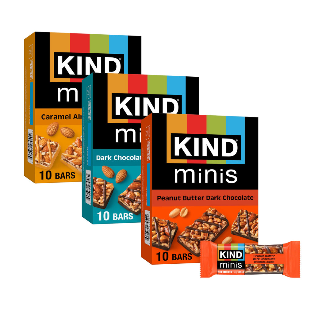KIND Mini Snack Bars Variety Pack, Gluten Free, Low Sugar, Low Calorie Snacks, Dark Chocolate Nuts & Sea Salt, Peanut Butter Dark Chocolate, Caramel Almond & Sea Salt, 30 Count