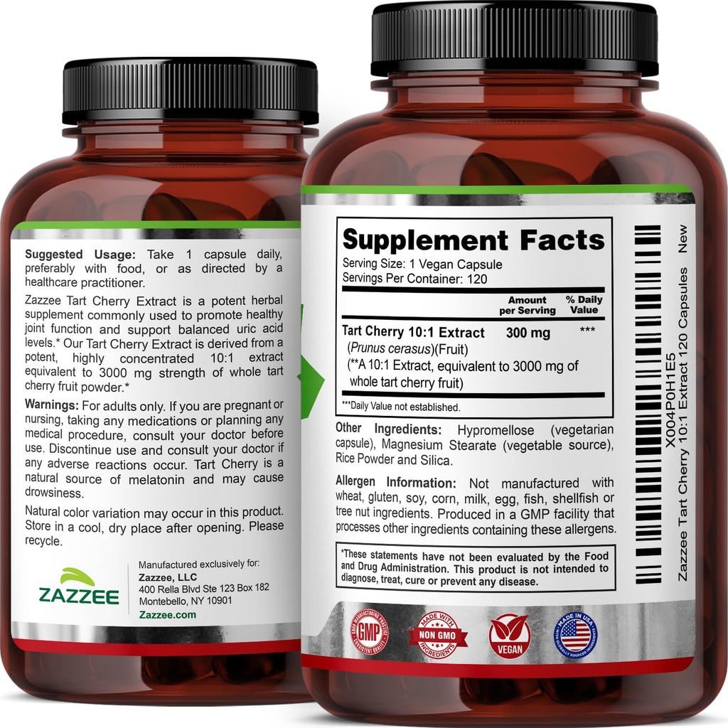 Zazzee Tart Cherry 10:1 Extract, 3000 mg Strength, 120 Vegan Capsules, 4 Month Supply, Certified Kosher, Concentrated and Standardized 10X Extract, 100% Vegetarian, All-Natural, Gluten Free, Non-GMO
