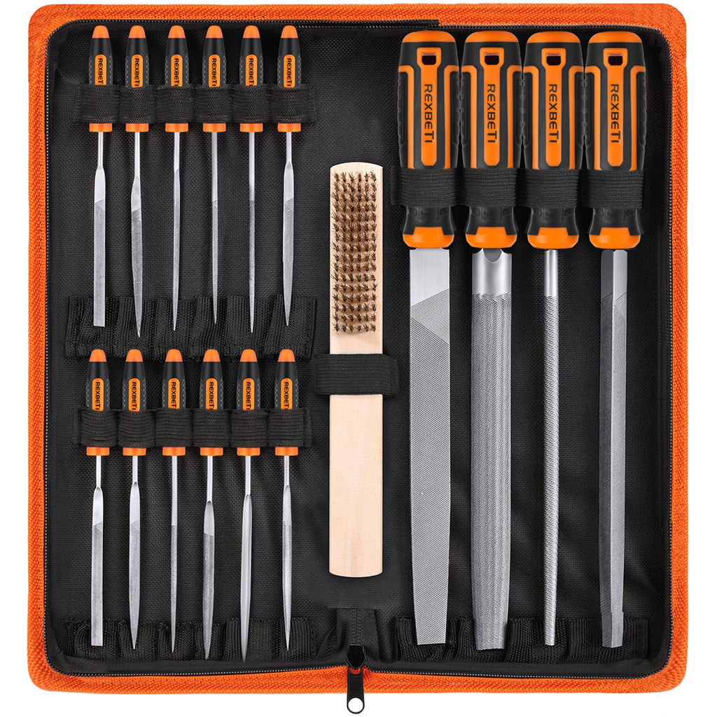 REXBETI 25Pcs Metal File Set, Premium Grade T12 Drop Forged Alloy Steel, Flat/Triangle/Half-round/Round Large File and 12pcs Needle Files with Carry Case, 6pcs Sandpaper, Brush, A Pair Working Gloves