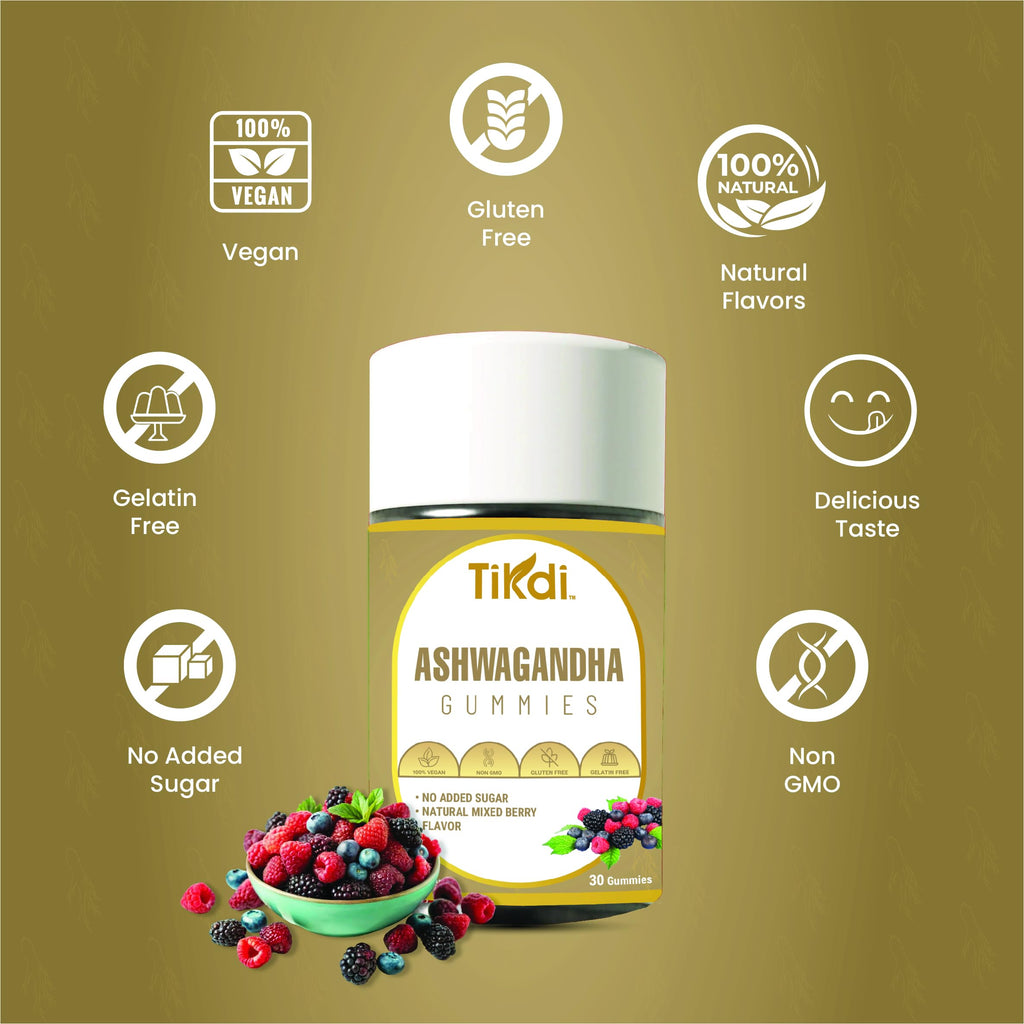 TIKDI Ashwagandha Gummy - 30 Count - Mixed Berry, KSM-66, Vegan, Plant Based, Non-GMO, Gluten-Free, Gelatin Free, No Added Sugar