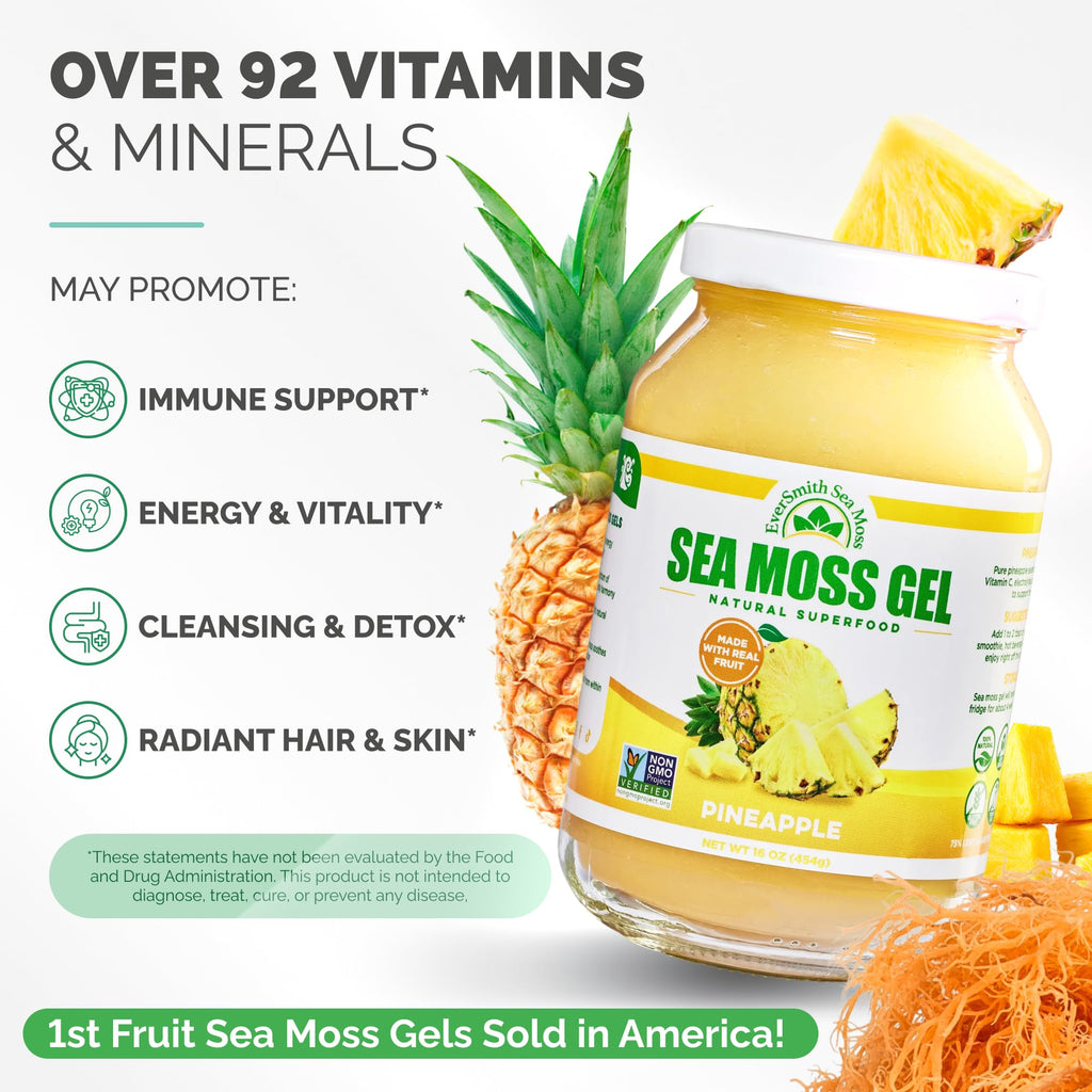 EverSmith Organics - Wildcrafted Irish Sea Moss Gel | Made in USA | Rich in Vitamins & Minerals | Sea Moss Gel Raw | Nutritional Supplement | Pineapple (16 oz)