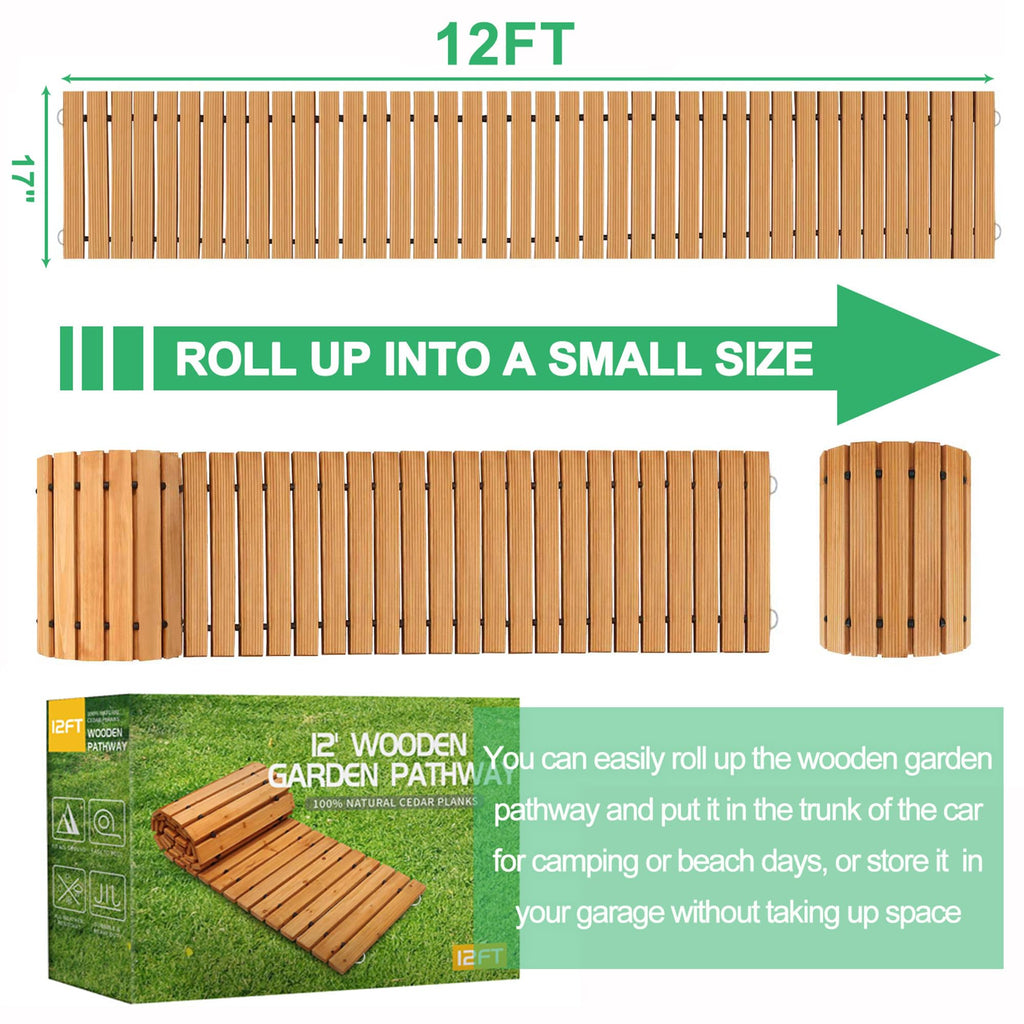 RELIANCER 12' Wooden Garden Pathway,Outdoor Roll Out Cedar Straight Walkway,Patio Path Decorative Garden Boardwalk Walkways,Weather-Resistant Roll Up Beach Wood Road Floor,Wedding Party Pathways