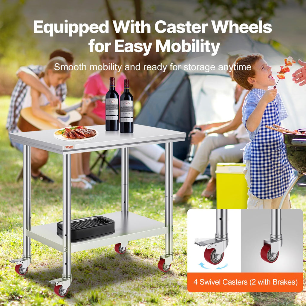 Vevor Mophorn Stainless Steel Work Table 36x24 Inch with 4 Wheels, Casters Heavy Duty Food Prep Worktable for Commercial Kitchen Restaurant, Silver