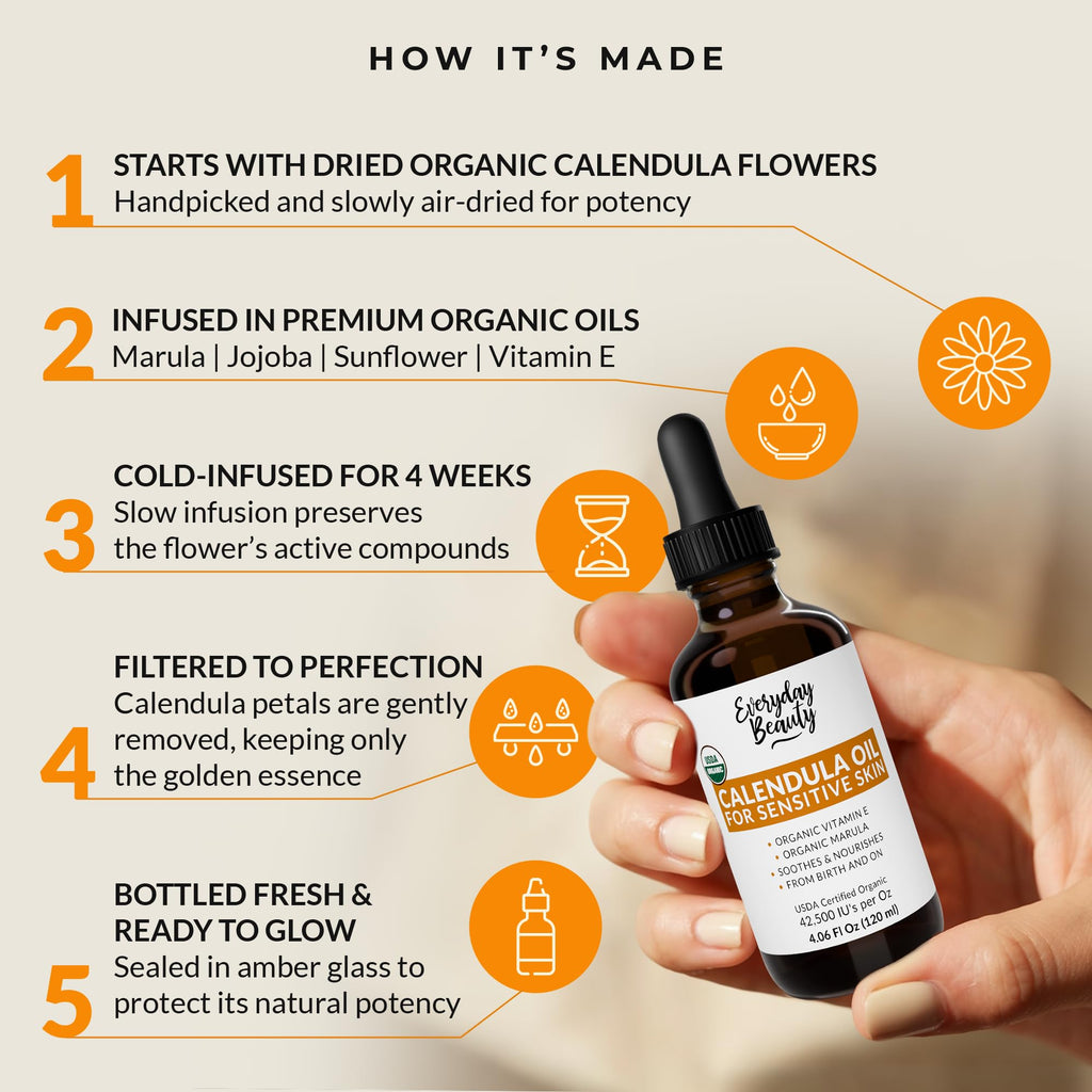 Organic Calendula Oil For Sensitive Skin - USDA Certified 100% Plant Based, Lightweight & Unscented Gentle Soothing Oil For Sensitive Skin - For Face, All Over - Large 4.06 Fl Oz Glass & Dropper