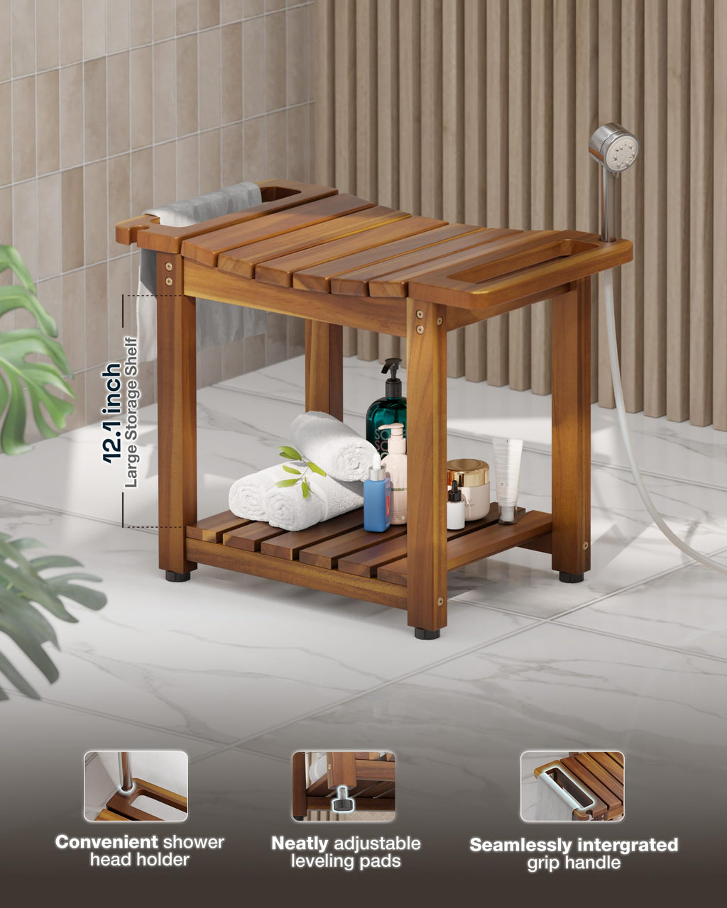 BLUEWEST Shower Bench Seat with Storage Shelf, Natural Wood Shower Benches for Inside Shower to Sit on, Waterproof Bathroom Spa Bench Stool for Legs Shaving with Built-in Handle & Shower Head Holder