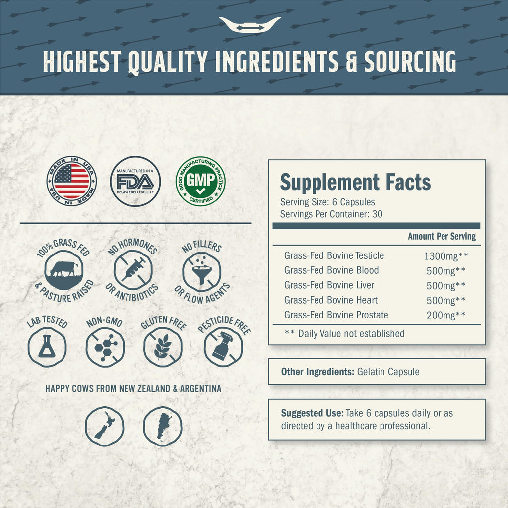 Tribal Nutrition 100% Grass Fed Beef Testicle with Prostate, Blood, Liver & Heart - Beef Organ Supplement for Men - 3000mg / 30 Servings