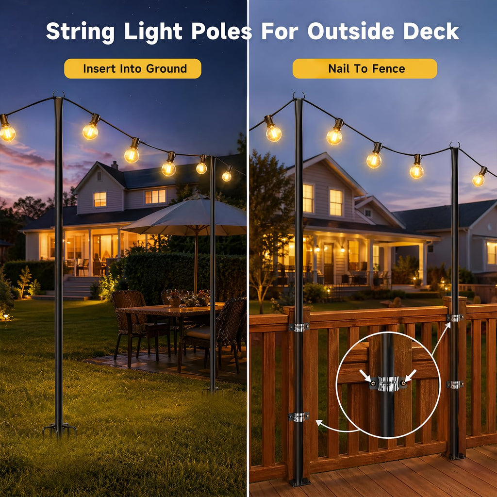 MuliVid 4 Pack String Light Poles for Outdoor,Metal Light Hanging Pole Outside with Fork,Light Stand for Patio, Pergola, Garden, Backyard, Yard, Camping Party (4 Pack)