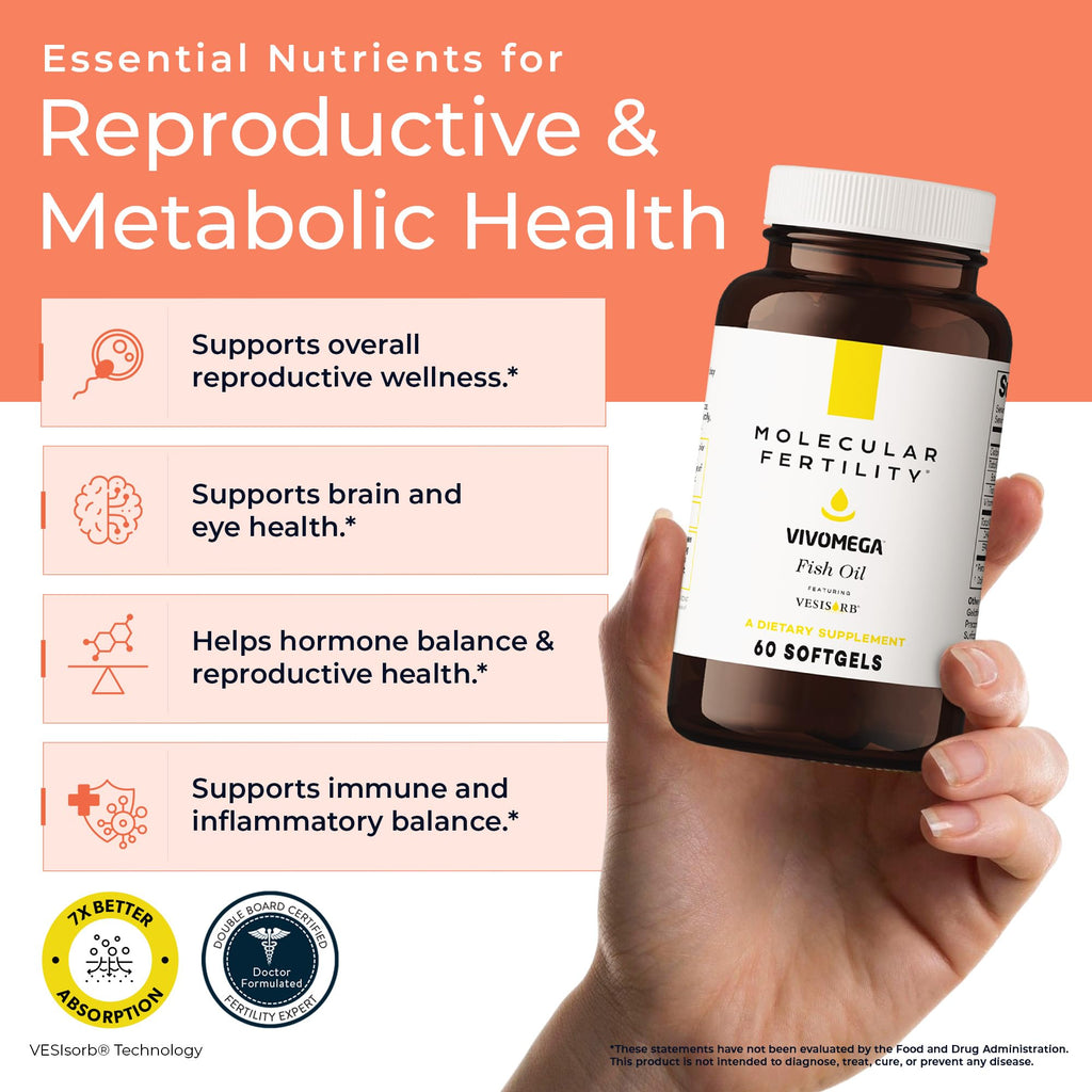 Molecular Fertility VIVOMEGA Fish Oil with VESIsorb® - Fertility Supplement for Women & Men - Doctor Formulated EPA DHA Omega 3 Fatty Acids, Vitamin D3 K2 for Reproductive Wellness - 60 Softgels