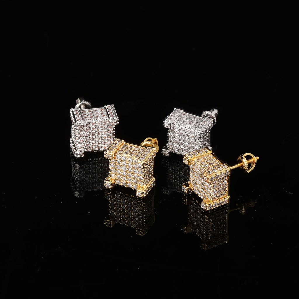 TOPGRILLZ 925 Sterling Silver Square Screw Stud Earrings 14K Gold Plated 5A+ Cubic Zirconia Iced Out Square Screw Back Hypoallergenic Cube Large Stud Earrings For Men Women(03Silver)