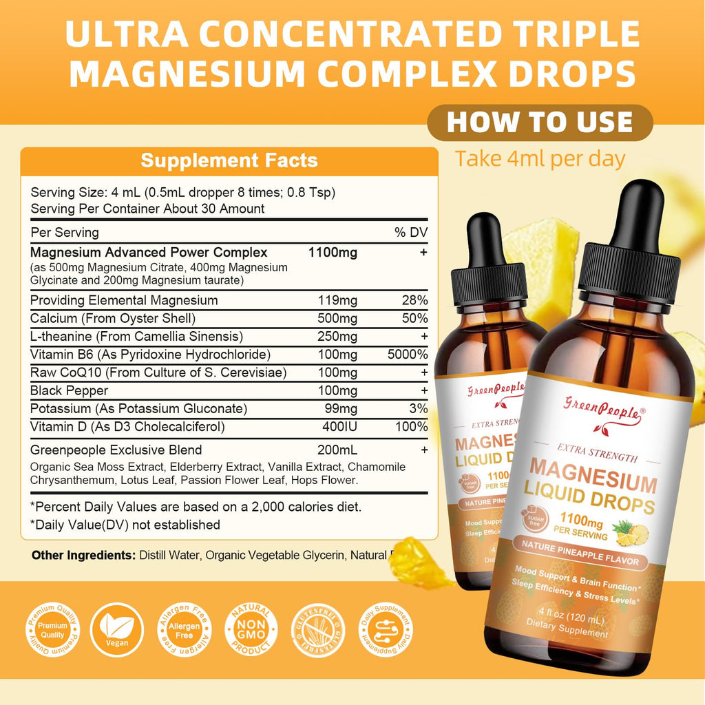 GREENPEOPLE 17-in-1 Triple Magnesium Complex Supplement,Magnesio Liquid Drops with Magnesium Glycinate & Citrate,Pineapple Flavor,Calm Mood,Muscle & Sleep for Adults,4 fl. oz 2Pack