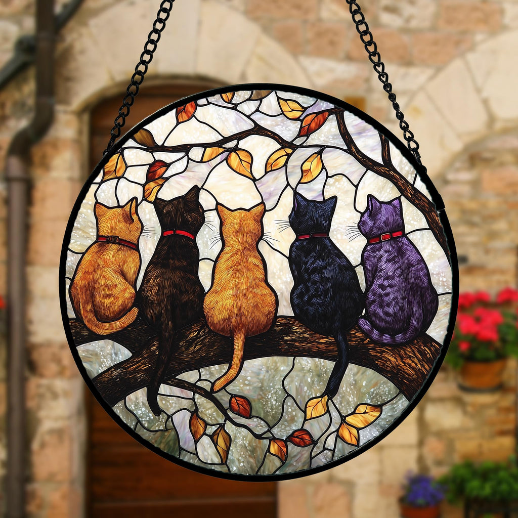 5 Cats on a Branch Stained Glass Window Hanging Suncatcher Gifts 6.3"