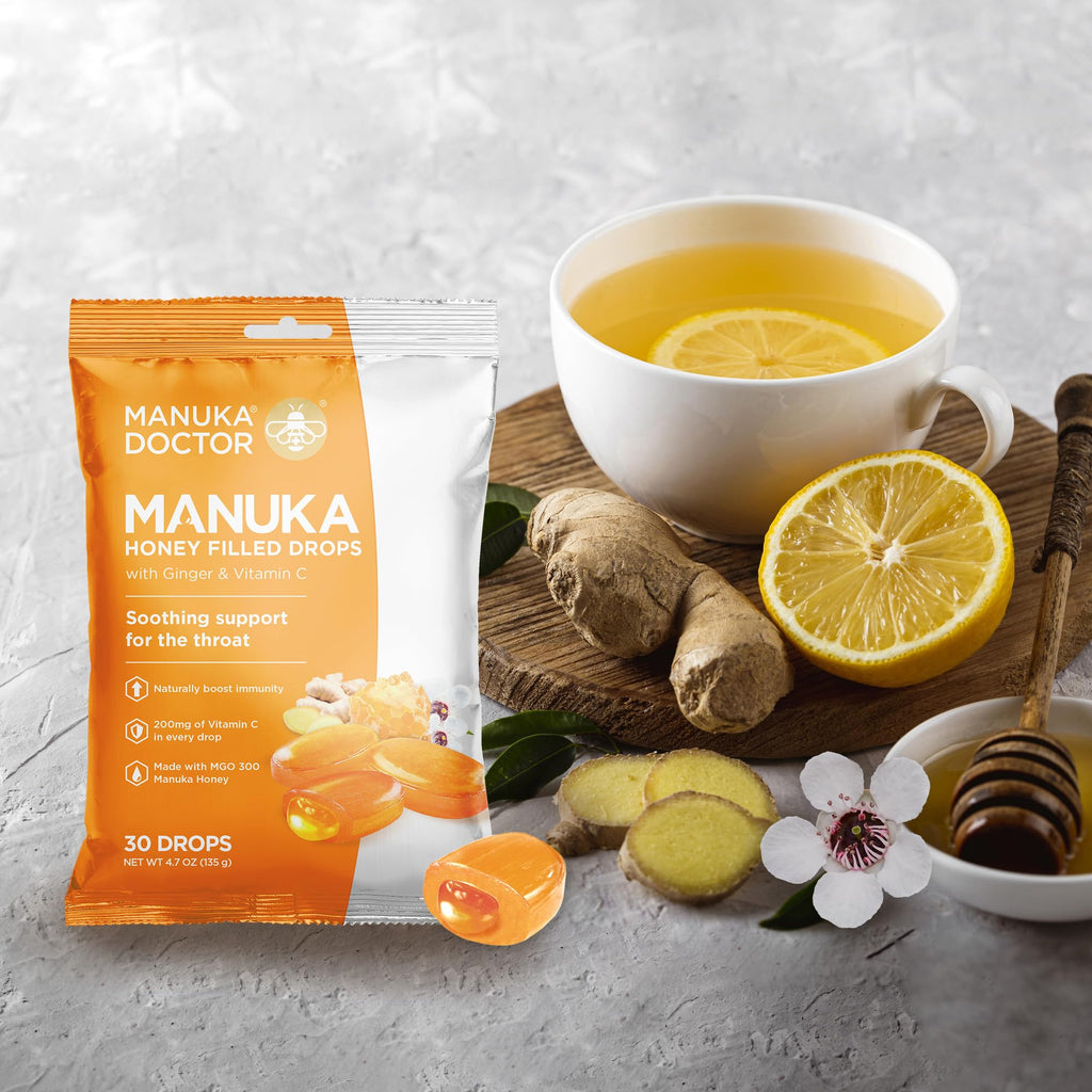 Manuka Doctor Cough Drops, Manuka Middles, 30 Drops (Pack of 4) Throat Lozenges Infused with Raw Manuka Honey, Vitamin C & Ginger for Immune Support, Helps Soothe Sore Throat