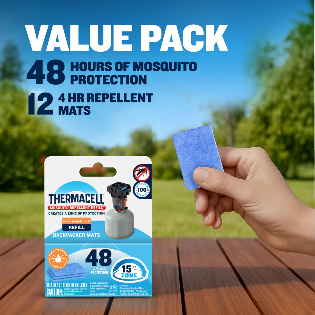 Thermacell Fuel-ZoneGuard Backpacker Mosquito Repellent Mat Refill; 15-FT Zone of Scientifically Proven Outdoor Protection; Fuel-Powered; Patio Shield; 48Hr Refill; Bug Spray Alternative; Scent Free