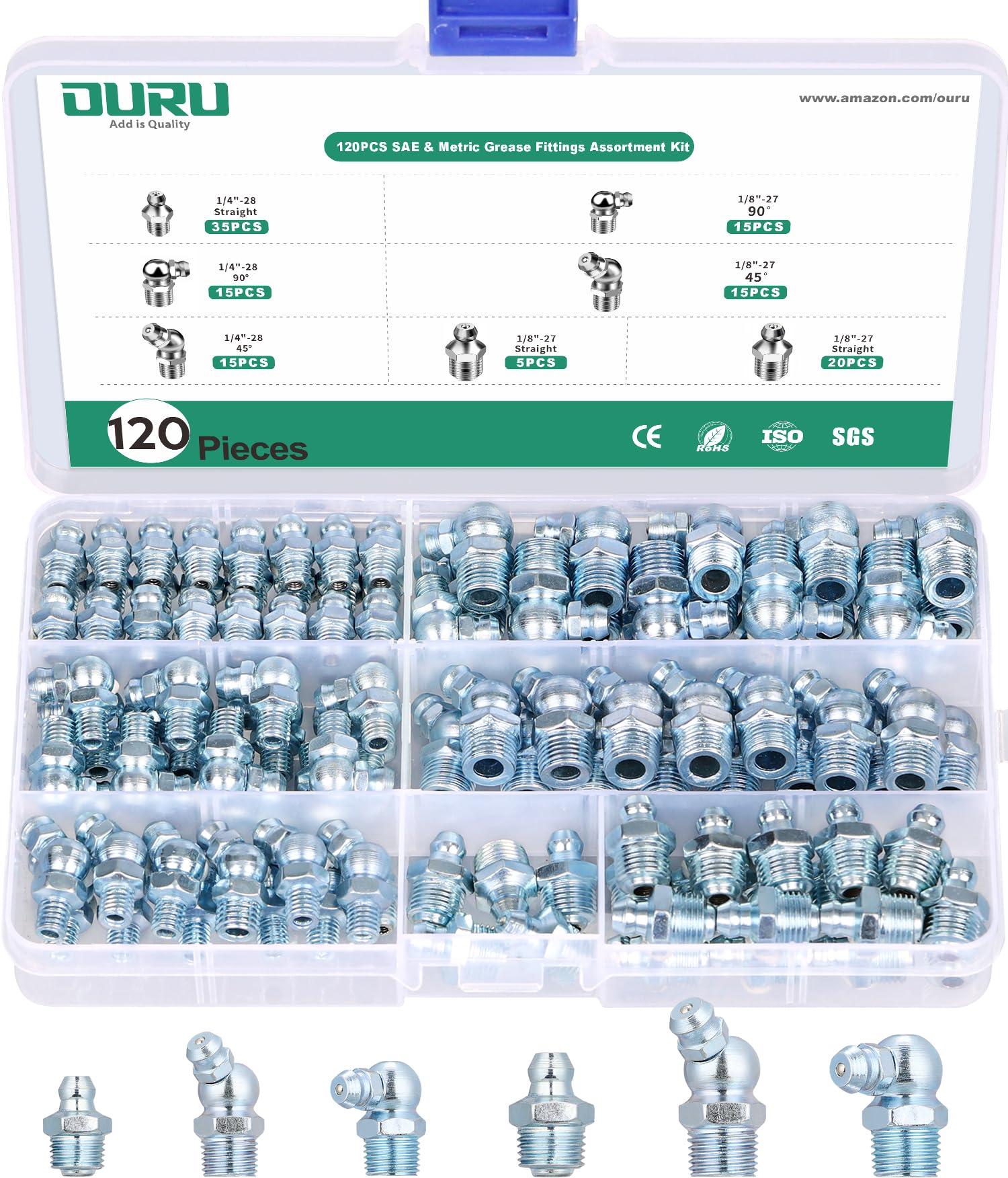 OURU Grease Fittings Assortment, 120PCS SAE Zerk Grease Fittings NPT 1/4" 1/8", Straight 45 90 Degree Grease Nipple for Grease Gun