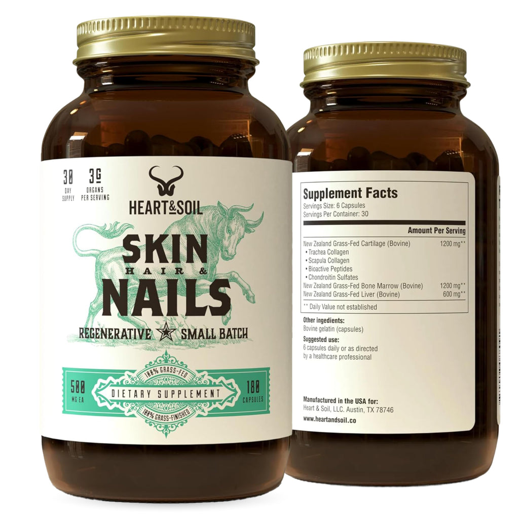Heart & Soil – 100% Grass Fed & Finished Hair Skin and Nails Supplement from Regenerative Cattle with Cartilage, Liver, & Bone Marrow – 3000mg Beef Organs for Women & Men – Glass Bottle – 180 Capsules