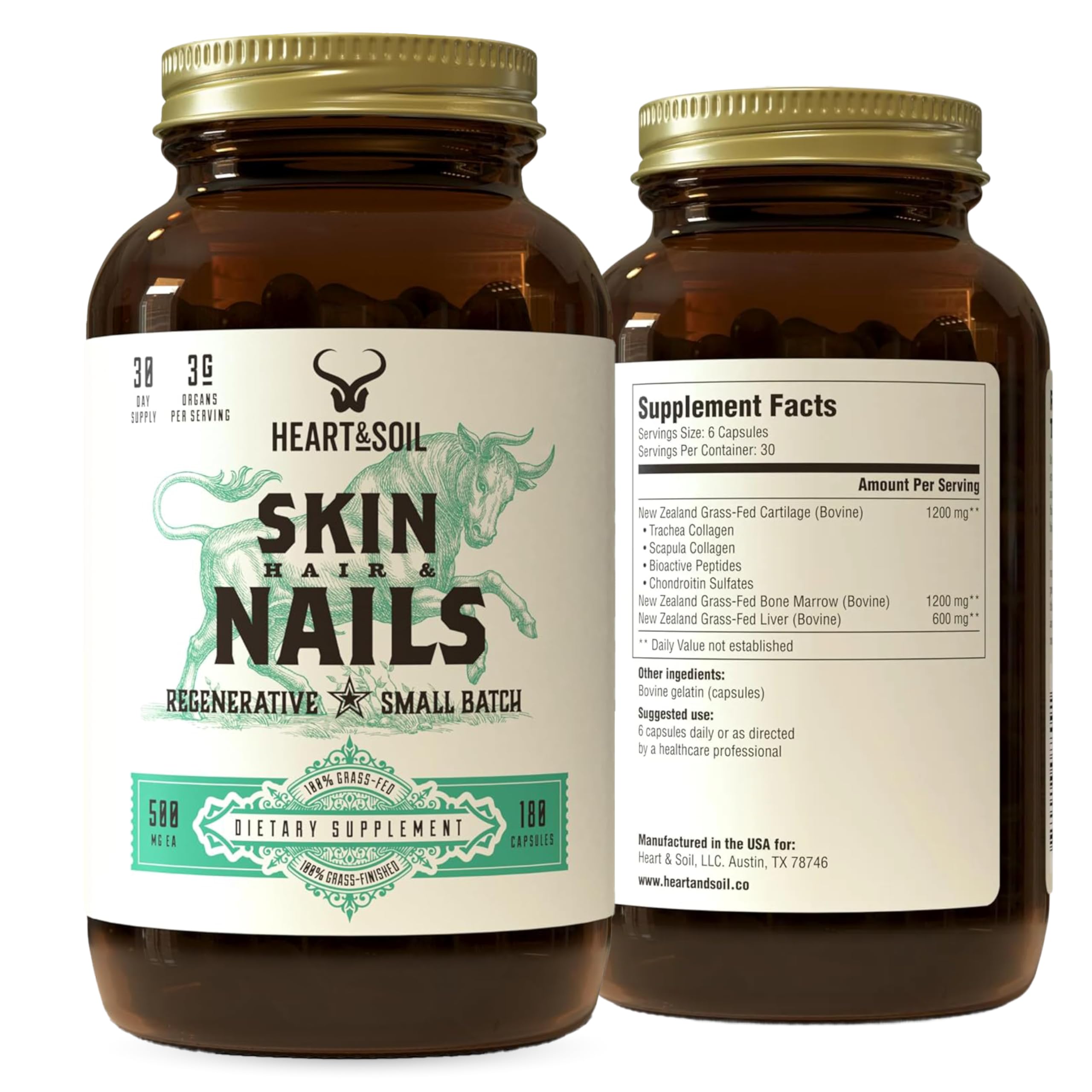 Heart & Soil – 100% Grass Fed & Finished Hair Skin and Nails Supplement from Regenerative Cattle with Cartilage, Liver, & Bone Marrow – 3000mg Beef Organs for Women & Men – Glass Bottle – 180 Capsules