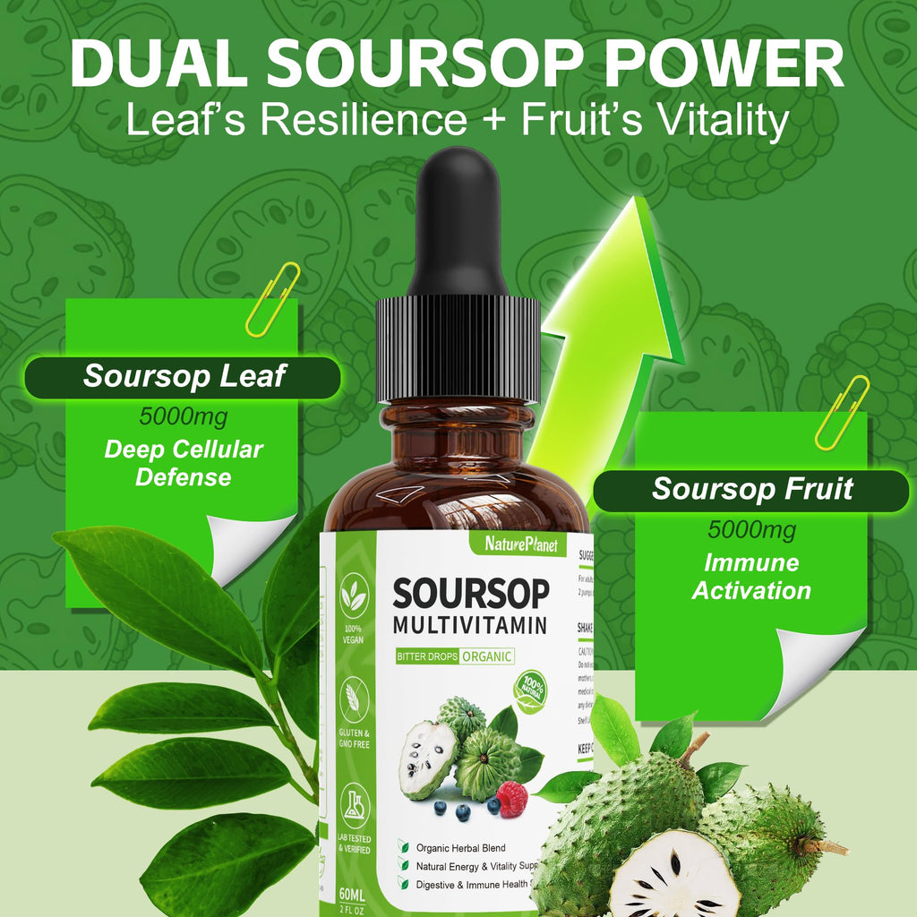 Guanábana Soursop Bitters Liquid Drops with Vitamin C, D3, B6, Soursop Fruit & Leaf Extract + 10 Bitters Botanicals for Immune Support Digestive Health Antioxidant Boost丨Non-GMO Vegan 120mL/4 Fl Oz