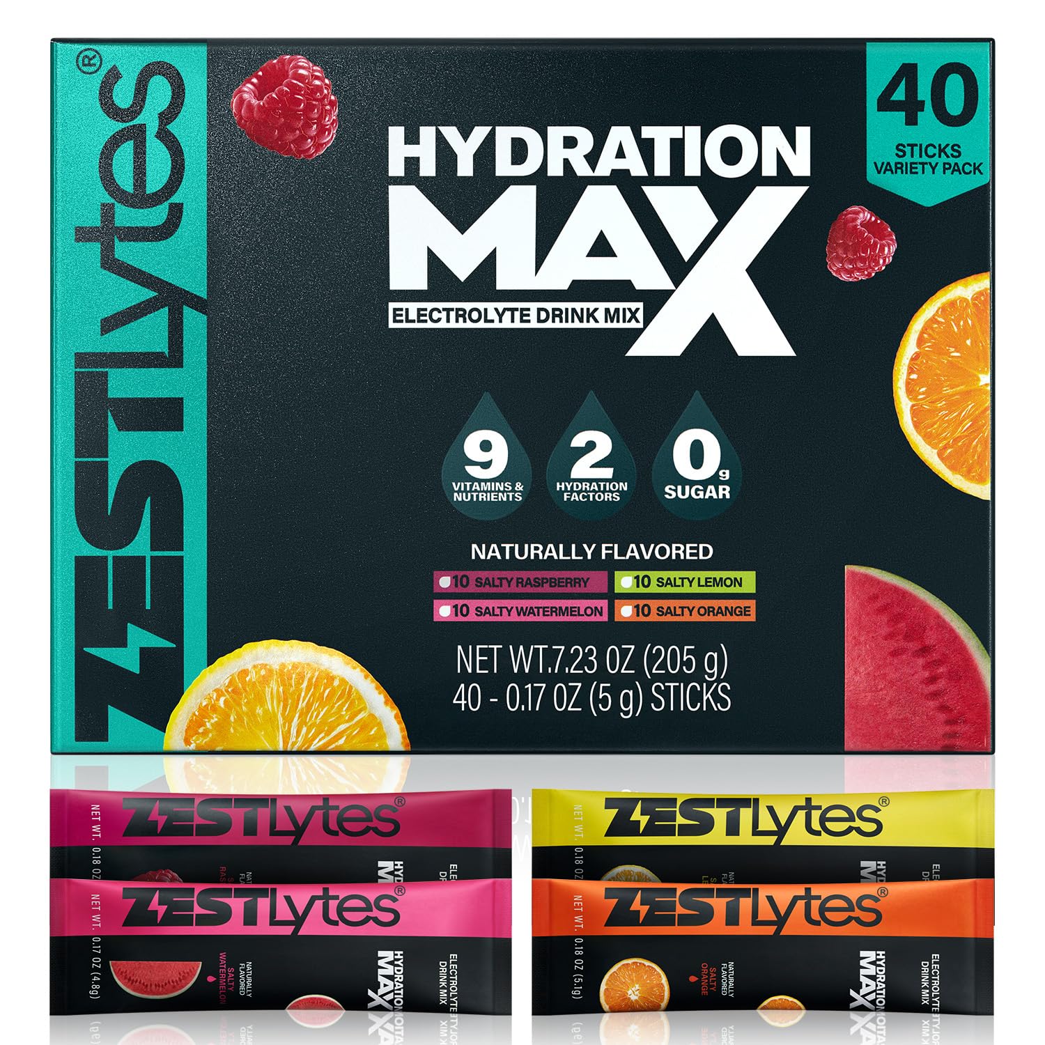 ZestLytes 40 Sticks Salty Lemon Sugar Free Electrolyte Hydration Packets, High Sodium Low Calorie Electrolyte Powder Drink Mix, Liquid Daily IV Flavor, 2 Hydration Factors