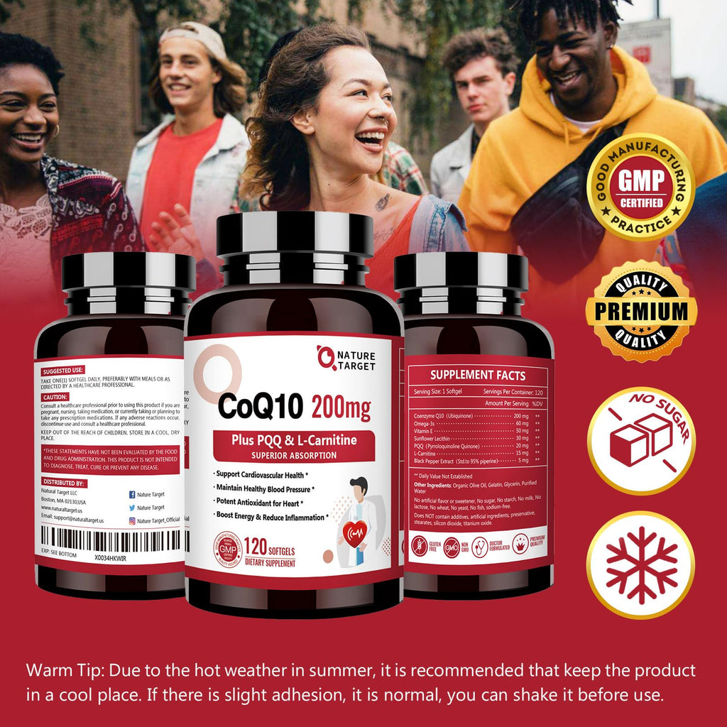 NATURE TARGET CoQ10-200mg with PQQ L-Carnitine & Omega-3s, High Absorption Coenzyme-Q10 with BioPerine, Supports Heart and Immune System, Cellular-Energy-Production, 120 Servings