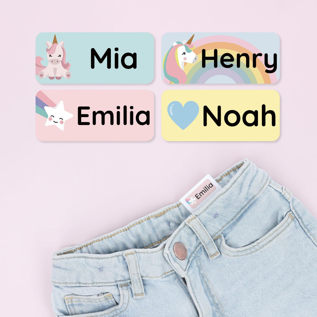 TeddyLabels – Personalized Name Labels for Kids (60) – Waterproof & Durable Stickers for Clothing, School & Daycare Items - Unicorns