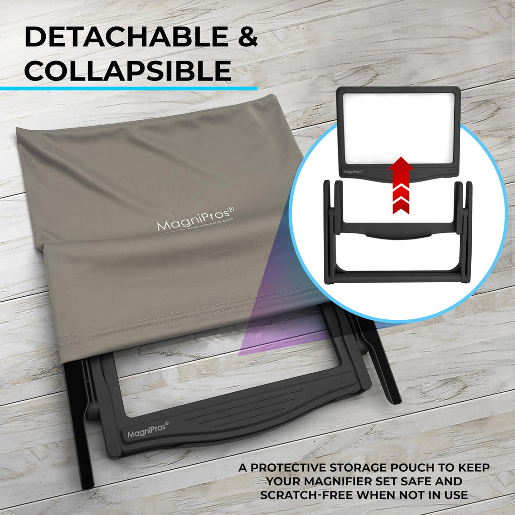 MAGNIPROS Patented 5X Large LED Page Magnifier with Detachable Stand | Eye Caring 3 Color Light Modes & Anti-Glare Lens to Reduce Eye Strain-Ideal for Reading Fine Print, Crafting, Low Vision Seniors