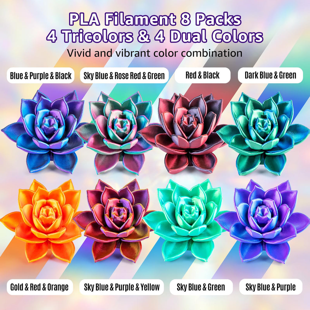 dikale Silk 3D Printing Filament PLA+ Multicolor 8 Packs- 4 Dual Colors Spools & 4 Tricolor Spools - 1.75mm 3D Printing PLA Pro 250g x 8 Bundles