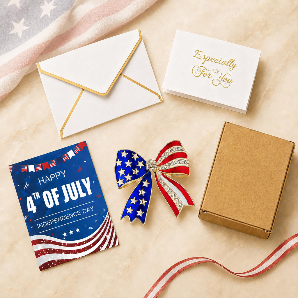 4th of July Pins, American Flag Enamel Pins, Gold Bow Brooches for Women