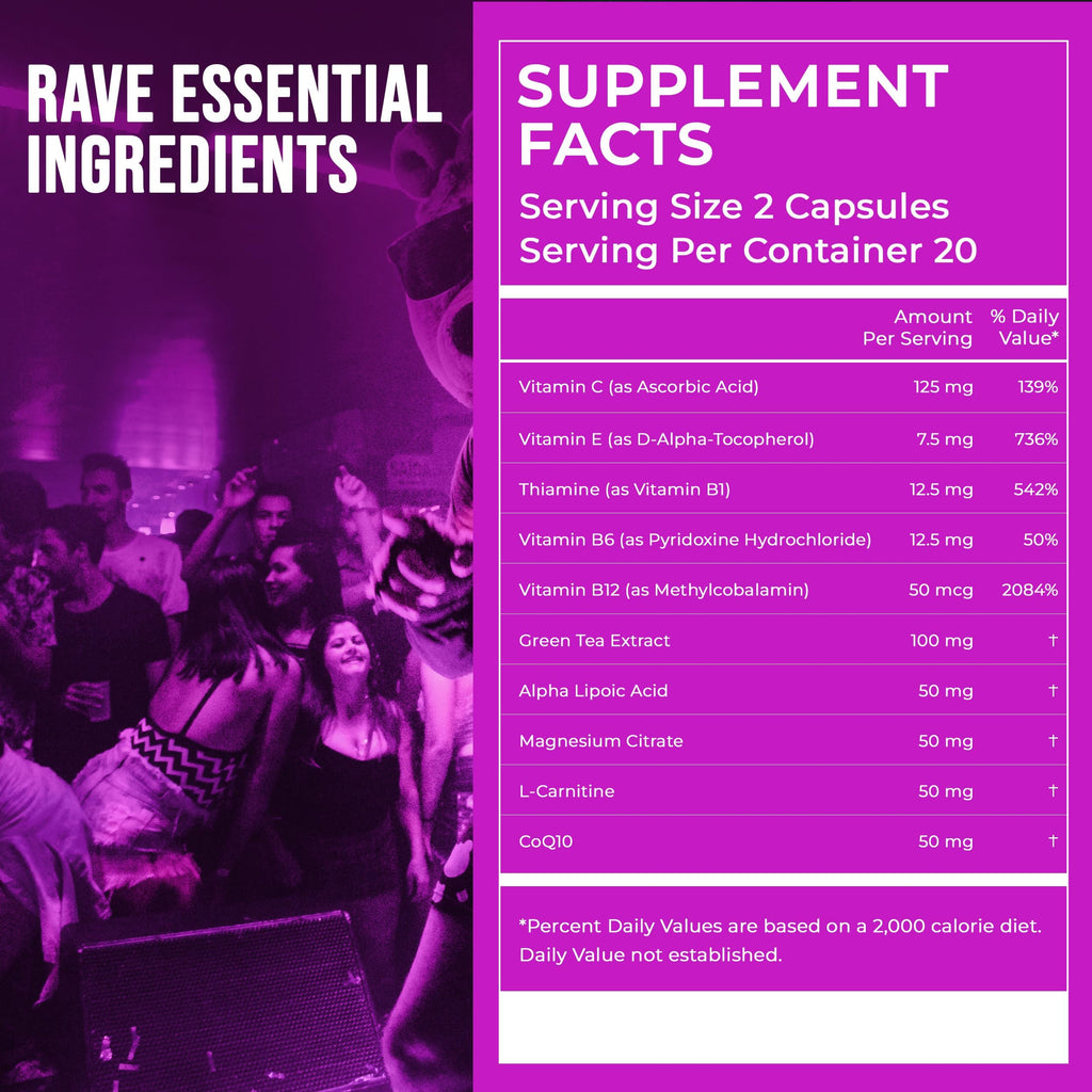 Pre-Rave Supplement - 5-HTP Free Rave Vitamins with CoQ10, Magnesium, Green Tea - Festival Essentials for Energy, Wellness & Jaw Support - EDM Party Gear for Men & Women - 40 Capsules
