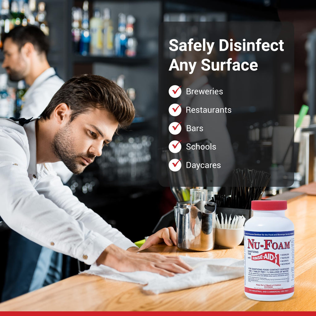 Nu-Foam Sanitizing Tablets for Bar Glassware – EPA Approved Rinse Aid Sanitizer, 100 Tablets (600 Quarts) – Streak-Free, No Taste/Odor – Professional Bar, Tavern, Brewery Glass Cleaner