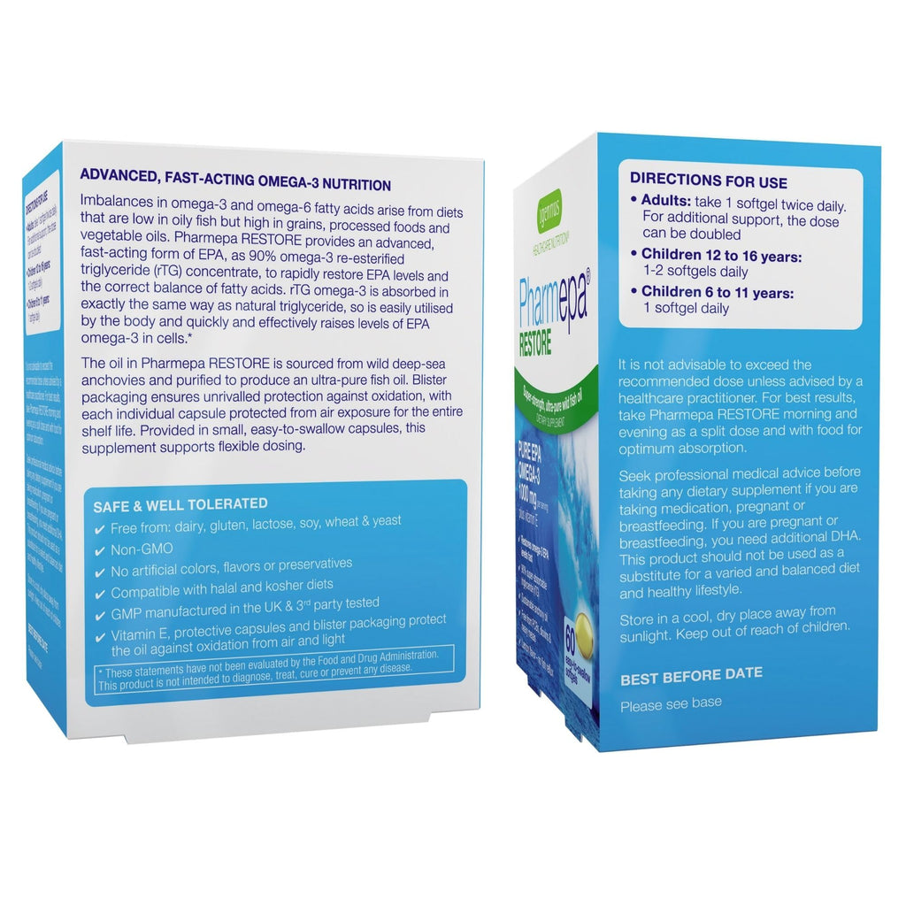 Igennus Pharmepa Restore, Pure EPA 1000mg, Omega 3 rTG Fish Oil, IFOS Certified, High Absorption, 90% Concentration Triple Strength, Wild & Sustainable, Lemon Flavor, 1-Month Supply, 60 Softgels