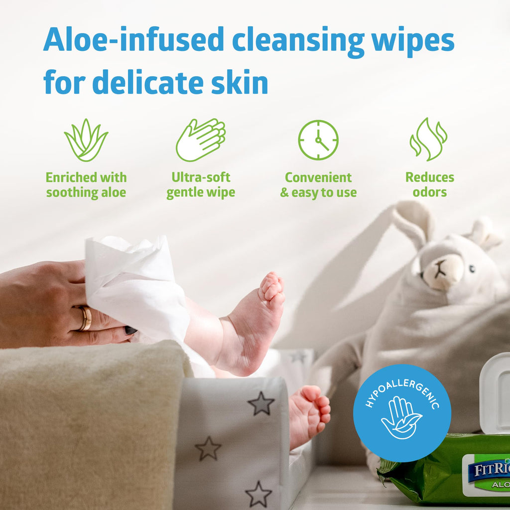 FitRight Aloe Personal Cleansing Cloth Wipes, Scented, 8 x 10 inch Adult Large Incontinence Wipes, 68 Count, Pack of 12