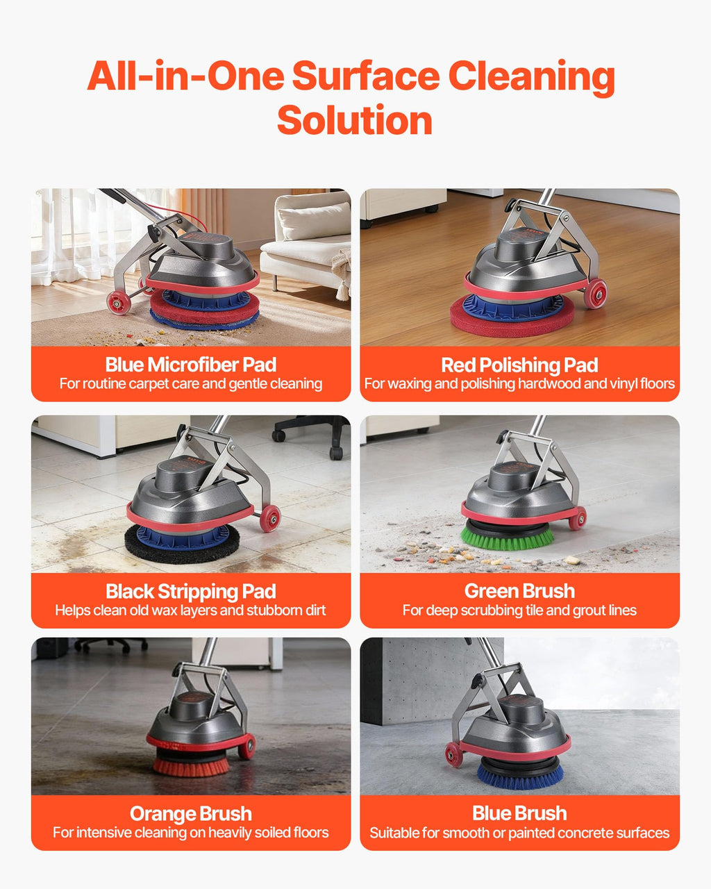 VEVOR Commercial Floor Scrubber Machine, Heavy Duty Floor Cleaner Polisher with 2 Wheels, Professional Electric Carpet Buffer, Max 1900 RPM, 43 FT Cord, 3 Pads & 3 Brushes - All Floor Surfaces