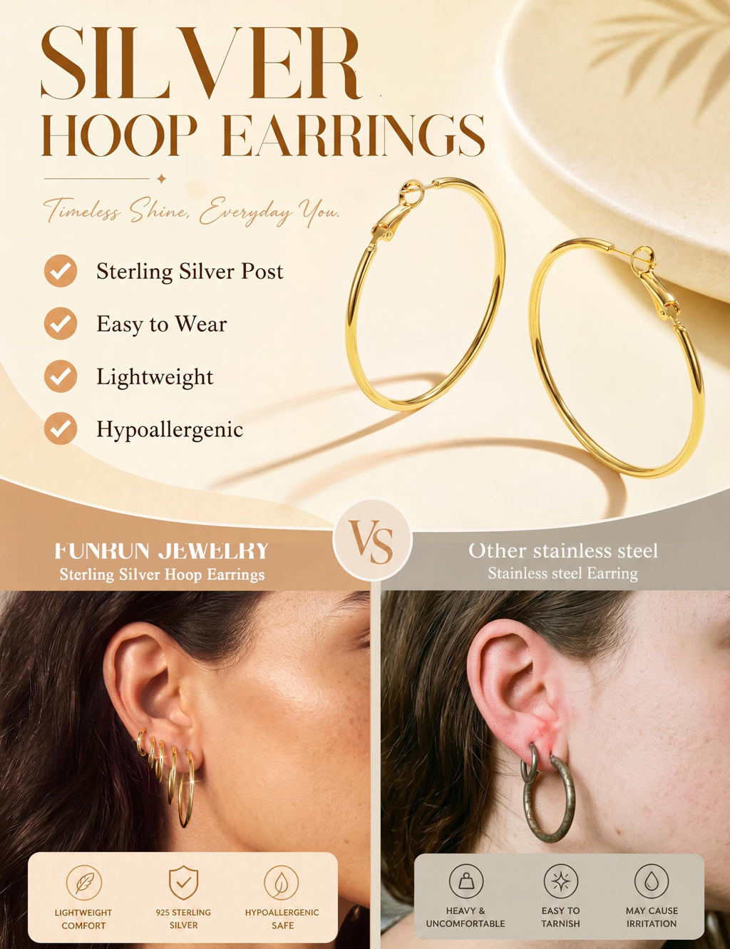 FUNRUN JEWELRY 5 Pairs 925 Sterling Silver Hoop Post Earrings for Women-Small 14K Gold Silver Hoops Earrings,Hypoallergenic Silver Hoop Earring for Women-Medium Big Hoops Stack Earring 10/14/20/30/40mm