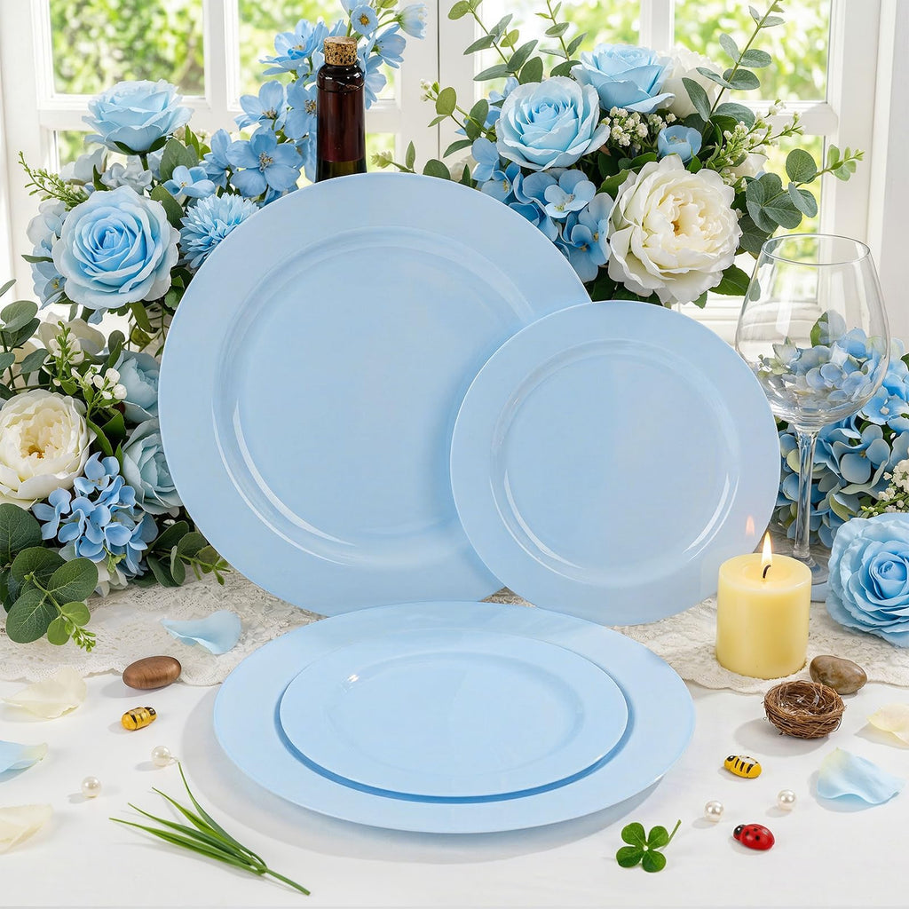 FLOWERCAT 60PCS Light Blue Heavy Duty Plastic Disposable Party Plates Set – 30pcs 10.25″ Dinner & 30pcs 7.5″ Dessert Plates – Durable Blue Tableware for Easter Parties, Wedding, BBQ & Baby Shower