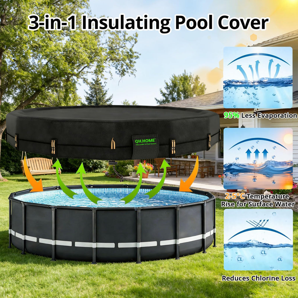 QH.HOME 550D 14 ft Pool Cover Round[Upgraded Tear Resistant & Quadruple Windproof] wth Pre-Installed Patented Winch and Rope, Pool Covers for Above Ground Pools-Snug Fit & Waterproof Protection