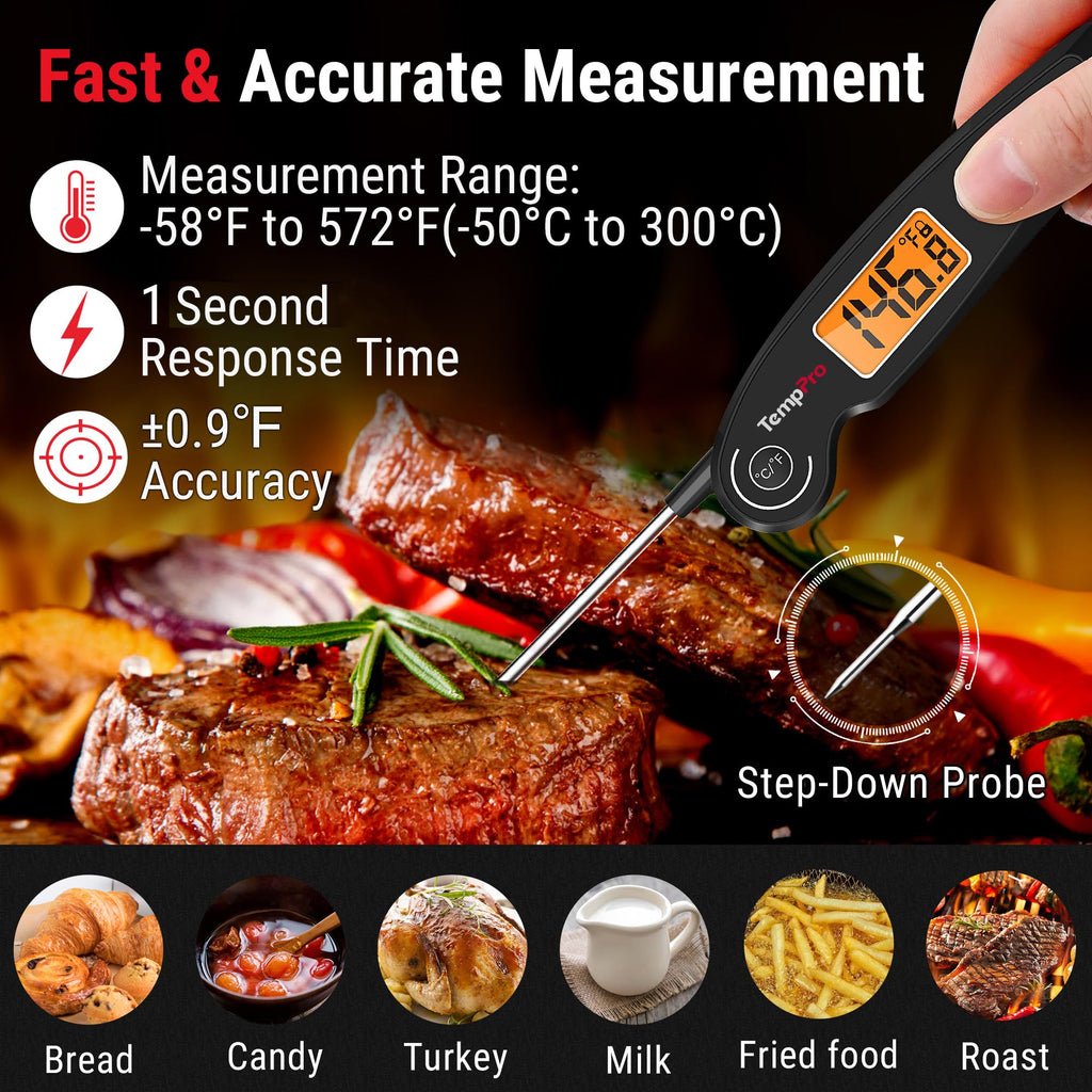 TempPro TP605 Instant Read Meat Thermometer for Cooking, Waterproof Digital Food Thermometer with Large Backlit LCD, Kitchen Thermometer for Grilling, Smoking & Candy Making (Previously ThermoPro)